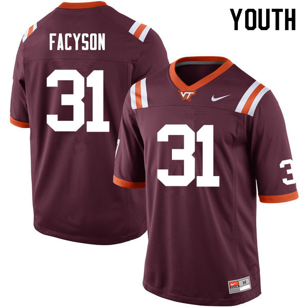 Youth #31 Brandon Facyson Virginia Tech Hokies College Football Jerseys Sale-Maroon - Click Image to Close